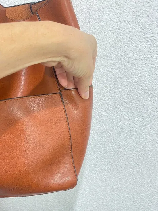 Minimalist Brown Vegan Leather Hobo Bag | Multi-Pocket Slouchy Shoulder Bag - Picture 6 of 10